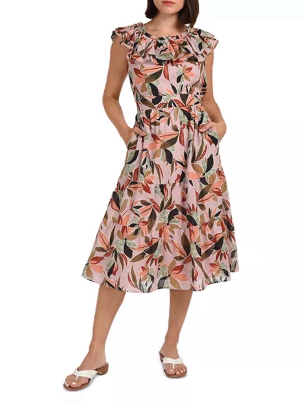Daniel Rainn Floral Tiered Ruffle Midi Dress Medium